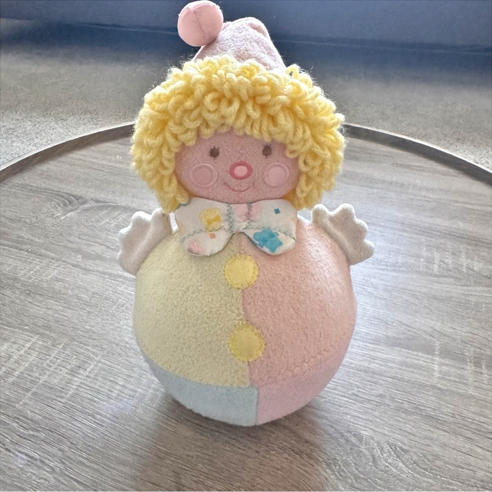 Vintage Cozy Bows Roly Poly Clown Doll Chime Ball Rattle Toy 1987